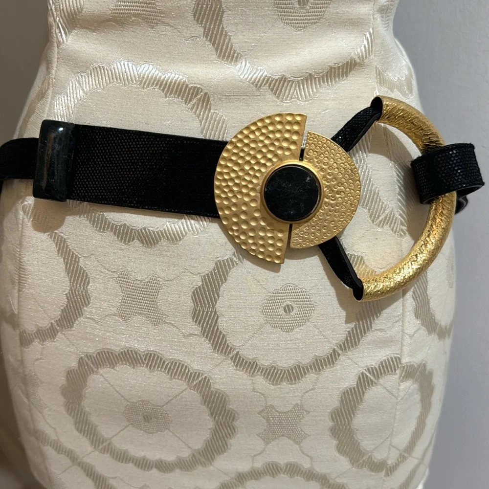 Anthony Alexander Vtg Gold Matte Hammered Gem Stones Black Leather Sling Belt
